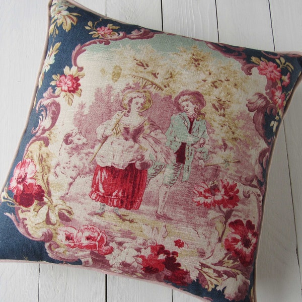 pillow case linen Toile de Jouy french country style country scene cushion cover pink blue bedroom decoration