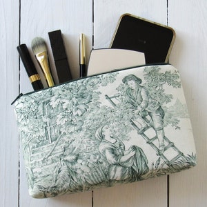 Kosmetiktasche Toile de Jouy grün creme Geschenk Freundin Makeup Tasche 13x22 oder 11x18 cm reine Baumwolle für Reise Utensilien
