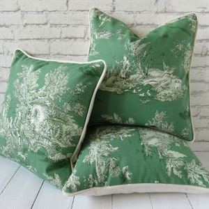 Kussenhoes 40 x 40 cm Toile de Jouy met canvas Franse Country Style kussenhoes groen crème met bies puur katoen