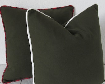 canvas pillow case green 40x40 cm piping offwhite or red tartan cushion cover throw pillow pure cotton