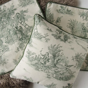 pillow case 40x40cm Toile de Jouy french country style country scene cushion cover green creme, bedroom decoration, pure cotton image 7