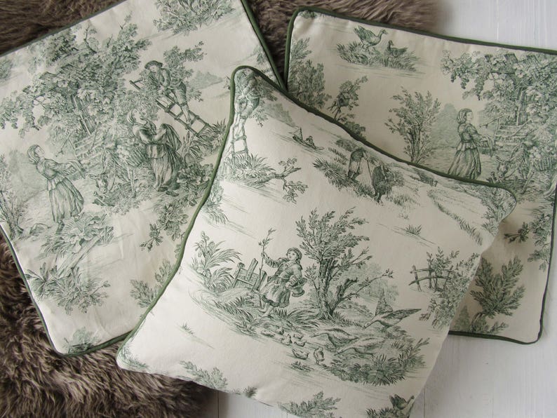 pillow case 40x40cm Toile de Jouy french country style country scene cushion cover green creme, bedroom decoration, pure cotton image 7