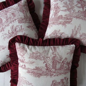 dark red ruffle pillow case 40x40cm red offwhite Toile de Jouy french country style country scene cushion cover red bedroom decoration