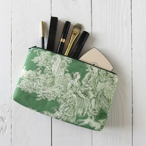 Kosmetiktasche Toile de Jouy grün Geschenkidee für Freundin Makeup Tasche 11x18 und 13x22 cm für Reise Utensilien reine Baumwolle