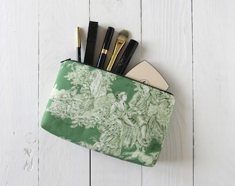 cosmetic bag Toile de Jouy green for girlfriend or bridesmaid makeup pouch 11x18 or 13x22 pure cotton for travel accessories