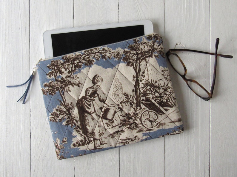 clutch Toile de Jouy bag blue offwhite brown tablet case Samsung clutch Toile de Jouy blue with tassel 9.7 inch tablet accessories pouch image 1