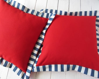 Funda de cojín marítimo lona roja con costura alzada azul blanco a rayas 40 x 40 cm decoración de verano funda de cojín