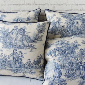 Kussenhoes 40 x 40 cm Toile de Jouy blauw in Franse landelijke stijl landelijk landschap kussenhoes blauw met bies en rits