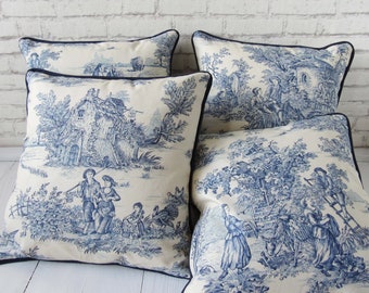 Housse de coussin 40 x 40 cm Toile de Jouy bleu style campagnard français Housse de coussin bleu avec passepoil et fermeture éclair