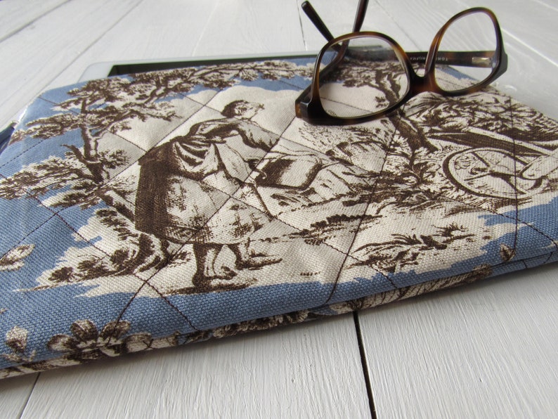 clutch Toile de Jouy bag blue offwhite brown tablet case Samsung clutch Toile de Jouy blue with tassel 9.7 inch tablet accessories pouch image 4