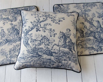 Kussenhoes 40x40 Toile de Jouy jachtblauw kussenhoes in Franse landelijke stijl blauw met bies en ritssluiting