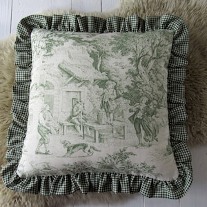 ruffle pillow case 40x40cm green Toile de Jouy french country style country scene cushion cover green bedroom decoration pure cotton