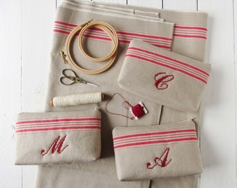 Linen cosmetic bag with hand embroidered monogram vintage mangle cloth linen makeup bag gift idea