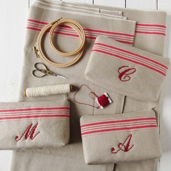 Linen cosmetic bag with hand embroidered monogram vintage mangle cloth linen makeup bag gift idea