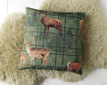 cushion with deer and forest tapestry pillow case with green canvas back zipper