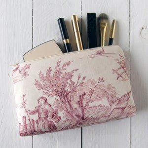 makeup bag Toile de Jouy beige red pouch 13x22 cm for travel accessories lining gingham fabric