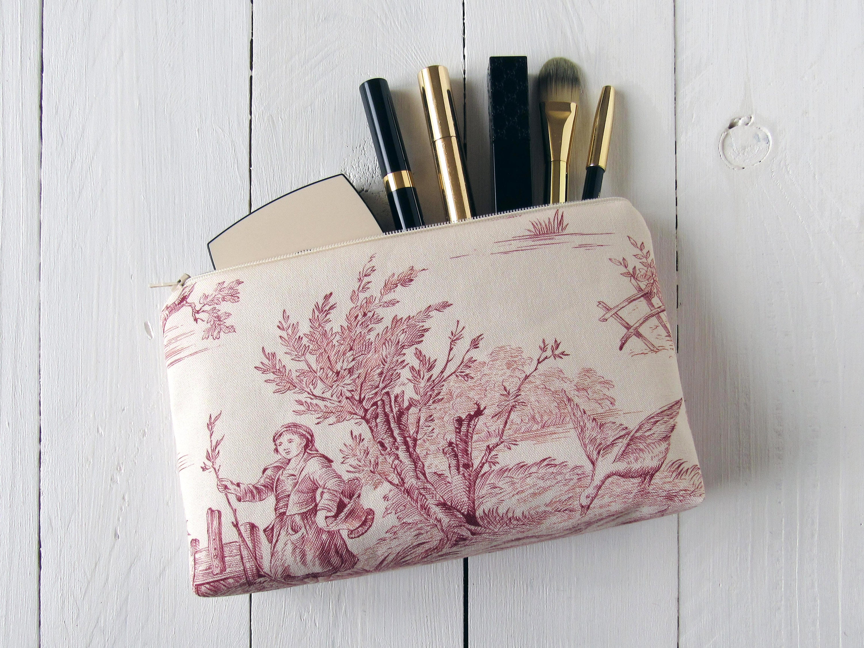 makeup bag Toile de Jouy beige red pouch 13x22 cm for travel accessories lining gingham fabric