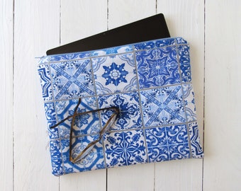 Bolsa para iPad con motivos de porcelana, azulejos, azul y blanco, de algodón, 31 x 24 cm, accesorios para tabletas, funda protectora, azulejos