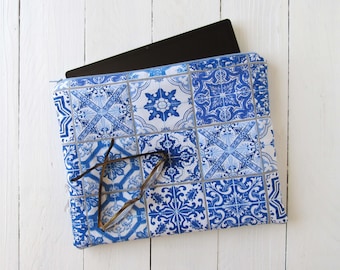 Bolsa para iPad con motivos de porcelana, azulejos, azul y blanco, de algodón, 31 x 24 cm, accesorios para tabletas, funda protectora, azulejos