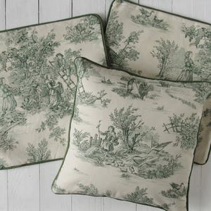 pillow case 40x40cm Toile de Jouy french country style country scene cushion cover green creme, bedroom decoration, pure cotton image 4