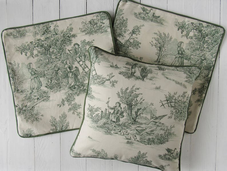 pillow case 40x40cm Toile de Jouy french country style country scene cushion cover green creme, bedroom decoration, pure cotton image 4