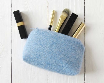 Bolsa cosmética punto de cachemira azul pequeña bolsa de maquillaje tela de cachemira idea de regalo dama de honor Navidad