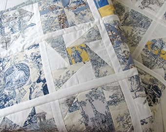 Toile de Jouy quilt blue yellow offwhite blanket quilt french quilt handmade blue offwhite bedcover french country home