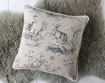 Toile de Jouy cushion cover, La chasse beige grey, classic french cotton for timeless British-style interiors