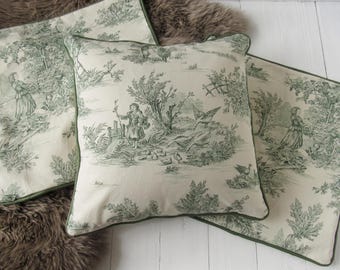 Toile de Jouy cushion cover – green offwhite - classic French cotton fabric for timeless interiors