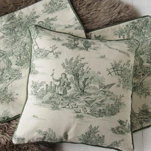 pillow case 40x40cm Toile de Jouy french country style country scene cushion cover green creme, bedroom decoration, pure cotton image 9