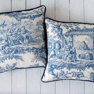 pillow case blue offwhite Toile de Jouy and blue canvas french country style country scene cushion cover bedroom decoration pure cotton