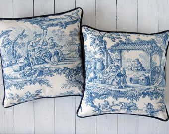 Funda de cojín chinoiserie Toile de Jouy y lienzo azul 50 x 50 cm o 35 x 55 cm con ribetes hechos a mano