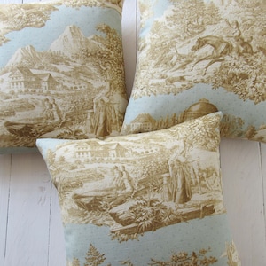 Kussenhoes Toile de Jouy linnen en canvas kussenhoes in Franse landelijke stijl lichtblauw beige