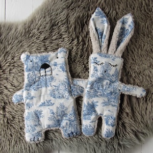 handmade Toile-de-Jouy plush bunny or bear, classic baby gift for baptism, newborn, Easter & keepsake gift
