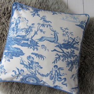 Toile de Jouy Kissenhülle blau weiß 40x40 cm, französischer Landhausstil, Baumwolle, Vintage Chinoiserie Dekokissen, Cottagecore Kissenbezug