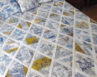 handmade Toile de Jouy Patchwork Quilt – Blue Yellow Ivory Throw Blanket – French Country Style