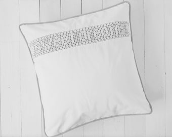 pillow case sweet dreams shabby with crochet lace 50x50 cushion cover white grey pure cotton hotel closure