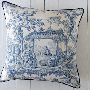Cojín Toile de Jouy, azul, funda de cojín estilo chinoiserie, estilo campestre francés, cojín decorativo de 50x50 o 35x55 cm, estilo rústico.
