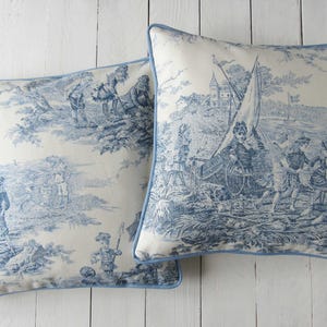 Kussenhoes Toile de Jouy blauw crèmewit 40x40 en 40 x 60 in Franse Country Style Kussenhoes canvas crèmewit met bies en ritssluiting