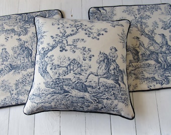 Funda de cojín de algodón Toile de Jouy, azul beige, tela clásica francesa con motivo de caza