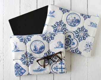 Ampia trousse blu e bianca, custodia sottile per tablet in stile Delft, custodia imbottita per iPad, custodia da viaggio, borsa classica in tessuto