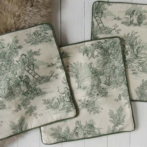 pillow case 40x40cm Toile de Jouy french country style country scene cushion cover green creme, bedroom decoration, pure cotton image 2