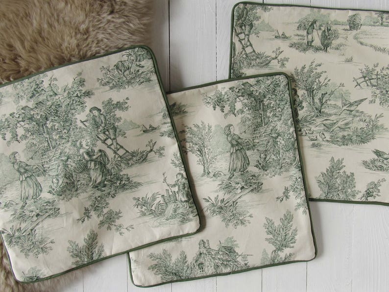 pillow case 40x40cm Toile de Jouy french country style country scene cushion cover green creme, bedroom decoration, pure cotton image 2