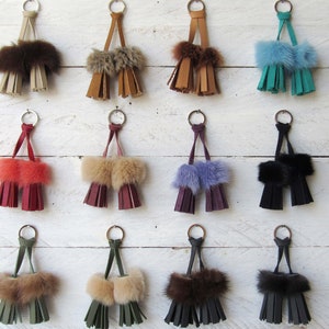Mini Lederquasten Doppelquasten für Taschen Schlüsselanhänger verschiedene Farben Echtleder und Echtfell mit Schlüsselring