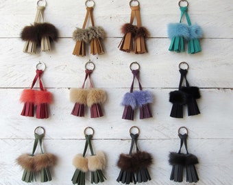 mini leather tassel for bag leather double tassel  with fur trim tassel keychain keyring double tassel different colors