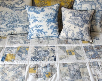 Toile de Jouy Quilt blau gelb cremeweiß Überwurf Patchworkdecke französische Steppdecke handgemacht