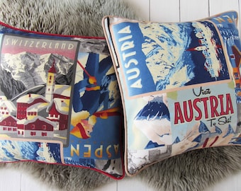 alpine pillow case 40x40cm winter ski chalet mountains cushion cover with piping french alpes sleigh cable car bedroom decoration