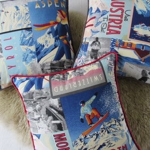alpine pillow case 40x40cm winter ski chalet mountains cushion cover with piping french alpes sleigh cable car bedroom decoration