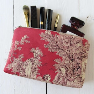 Cosmetische tas Toile de Jouy rood beige cadeau-idee voor vriendin make-uptas 13 x 22 cm of 11 x 18 cm puur katoen