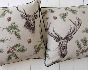 deer fir branch pillow case 16x16 inch rustic country style cushion cover beige green